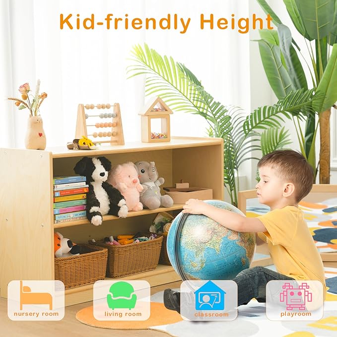 Kids Bookshelf and Toy Storage Shelf, Wooden Montessori Bookshelf, 2-Tier Toy - Image 2