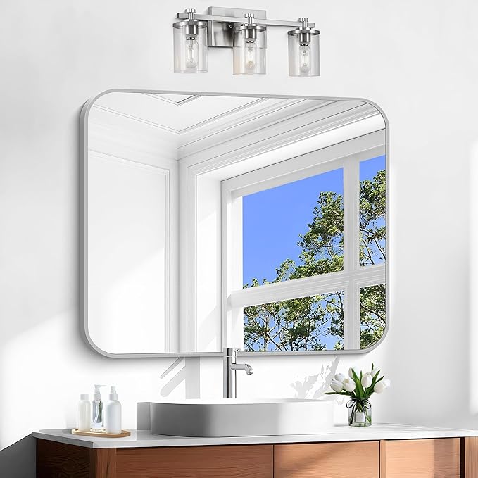 Silver Bathroom Mirror, 30 x 36 Inch Metal Framed Silver Rectangle Mirror - Image 9