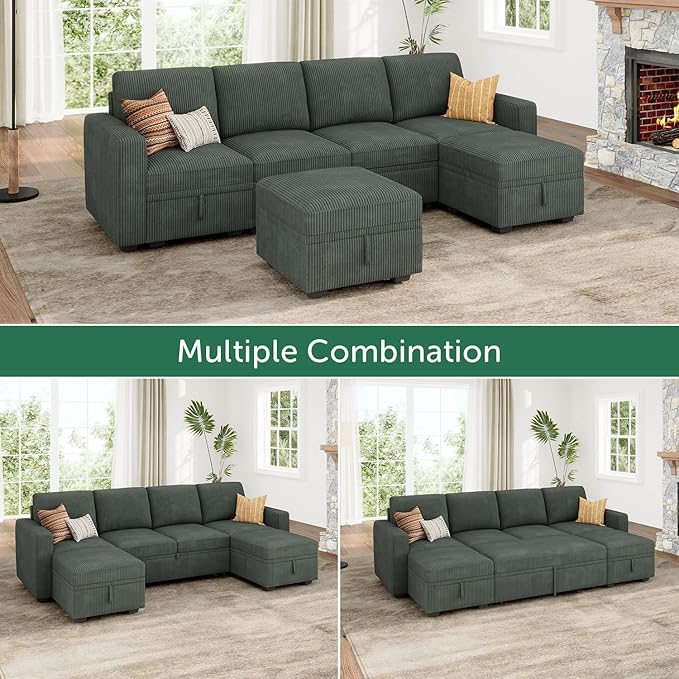 HONBAY Modular Sectional Sleeper Sofa Bed, Corduroy Pull Out Couch - Image 5