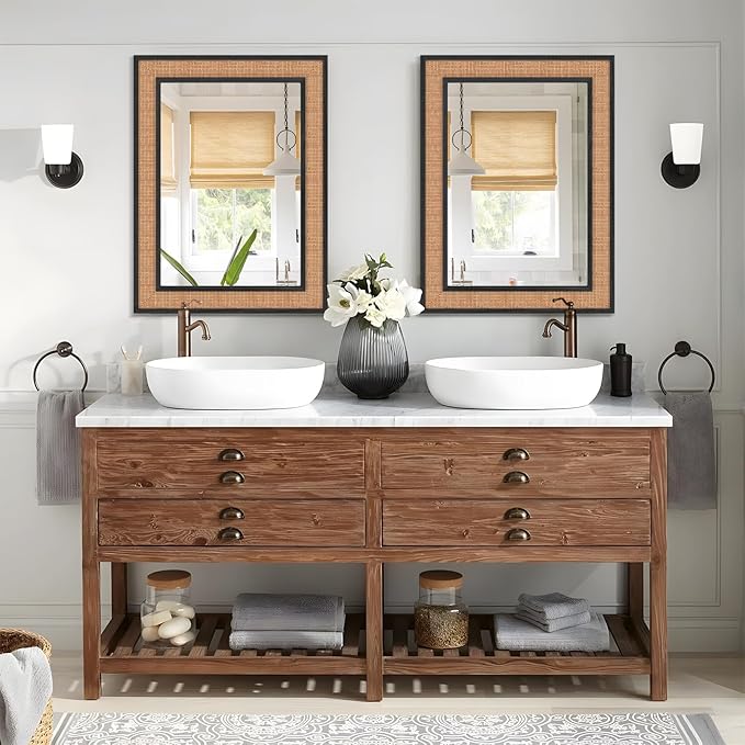 Rattan Wall Mirror with Wooden Framed 24 X 32 inch Farmhouse Rectangle Wood - Image 2