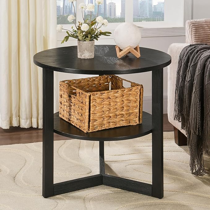 Large Round End Table with Storage Shelf, Rustic Beside Tables with Umbrella Top by MODERION-YourHomeSoulMate