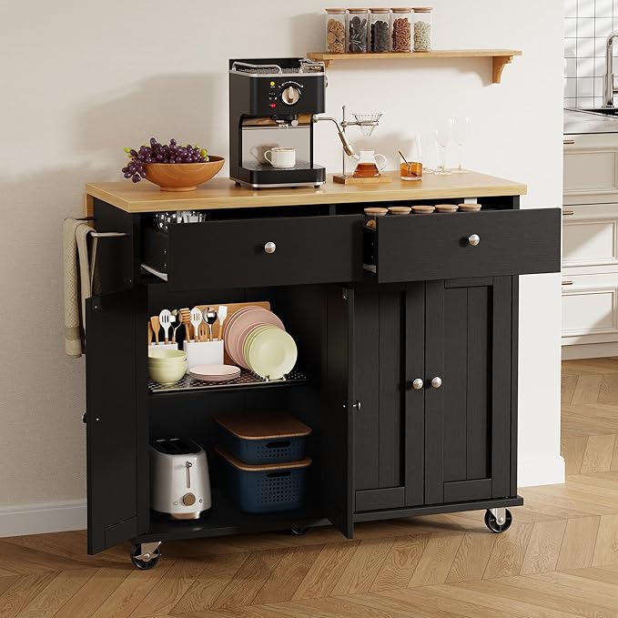 Shintenchi Kitchen Island with Drop Leaf, Rolling Kitchen Cart with Storage on - Image 2