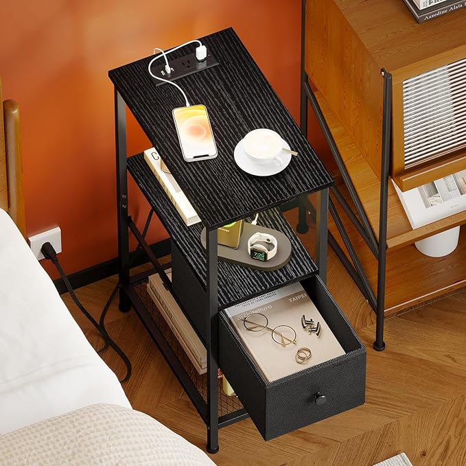 Fixwal Narrow Side Table with Charging Station and LED Light, Skinny Nightstand - Image 6