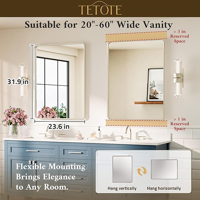 TETOTE Brushed Nickel Mirror 24 x 32 Inch Brushed Nickel Metal Framed Bathroom - Image 7