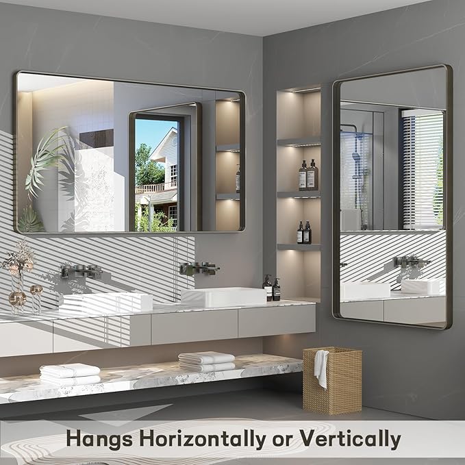 40x30 Bronze Framed Bathroom Mirror, Brushed Bronze Metal Vanity Mirror - Image 5