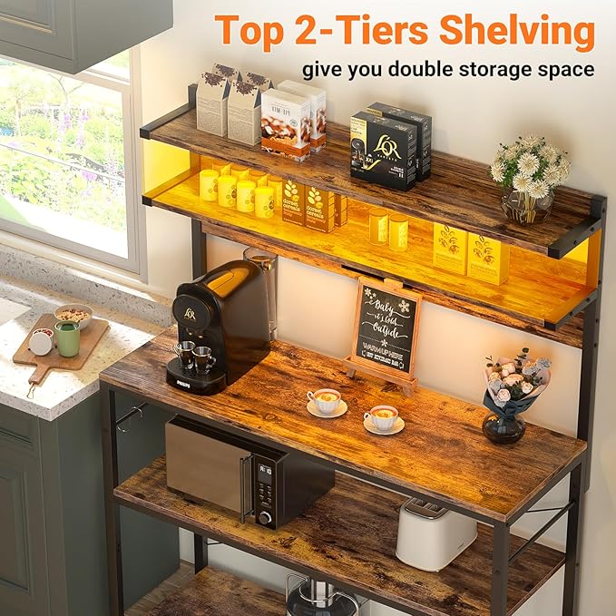 Aheaplus Bakers Rack with Power Outlet, Microwave Stand, 5 Tiers Coffee Bar - Image 6