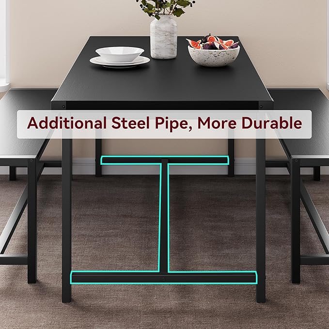 Dining Table Set for 4 with 2 Benches, 3-Piece Kitchen Table Set, Space-Saving - Image 9