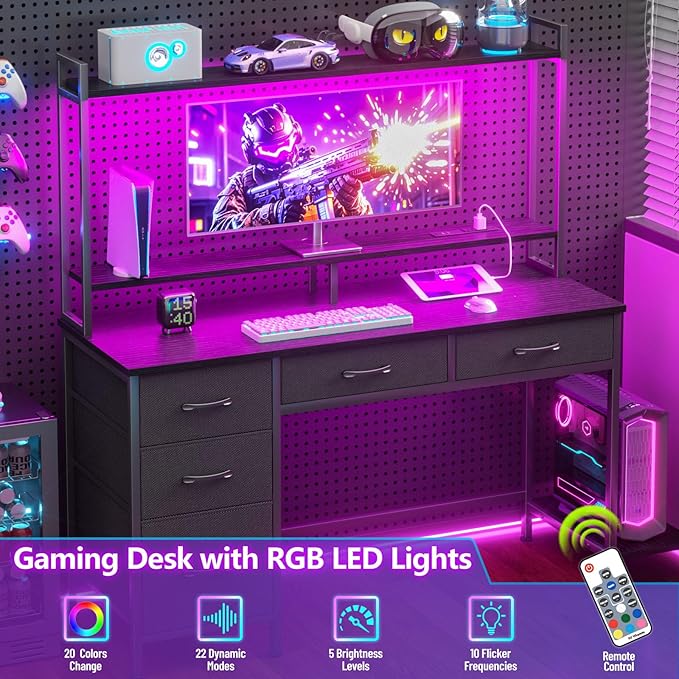 Computer Gaming Desk with Hutch, Home Office Desk with Power Outlets, LED Light - Image 6