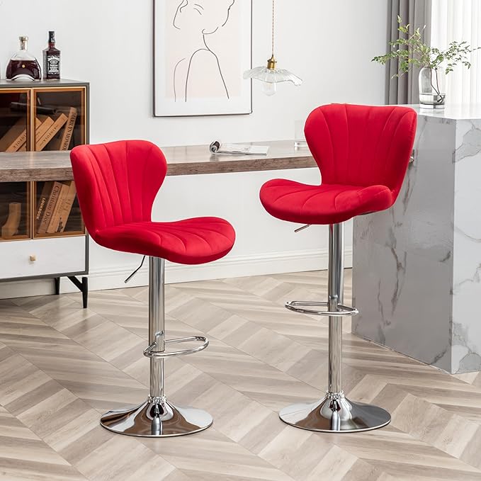 Roundhill Furniture Ellston Velvet Adjustable Swivel Barstools in Red by RoundhillFurniture