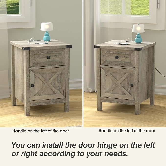 Rustic Nightstand with Charging Station, Night Stand with Barn Door and Drawer - Image 6