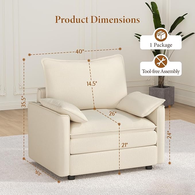 Vesgantti 40" Single Seat Sofa, Comfy Cloud Couch Deep Seat Upholstered Couch - Image 2