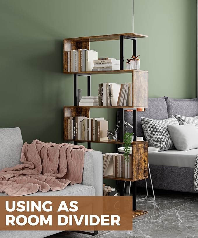 Gadroad 5-Tier Geometric Bookcase, S Shaped Bookshelf, Wood Decorative Storage - Image 5
