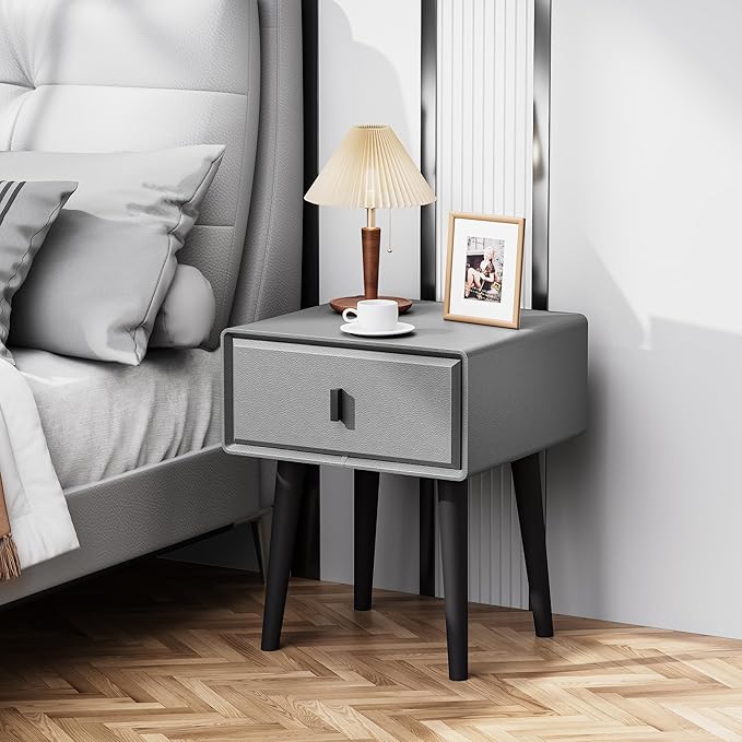 VICITON Modern Faux Leather Nightstand, Solid Wood Drawer, - Image 5