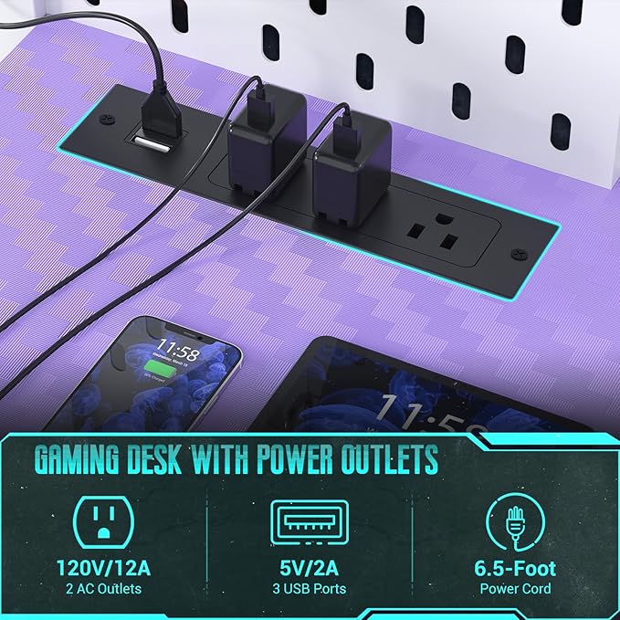 Gaming Desk with Hutch and LED Lights, Gaming Computer Desk with Power Outlets - Image 8