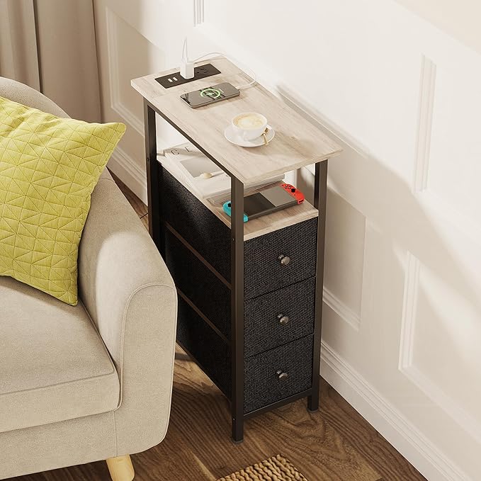 End Table with Charging Station, Narrow Side Table with 3 Fabric Drawers - Image 7