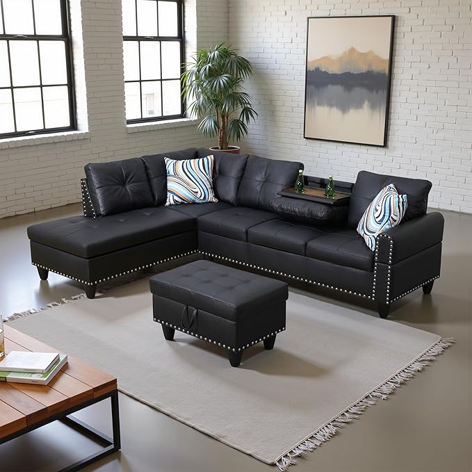 L Shaped Couch Faux Leather Sectional Couch Upholstered 3 Pieces Sofas - Image 4