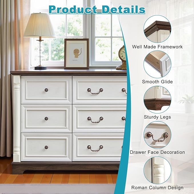 Farmhouse 6 Drawers Dresser for Bedroom, 47.24" Wide Wood Rustic Chest of - Image 4