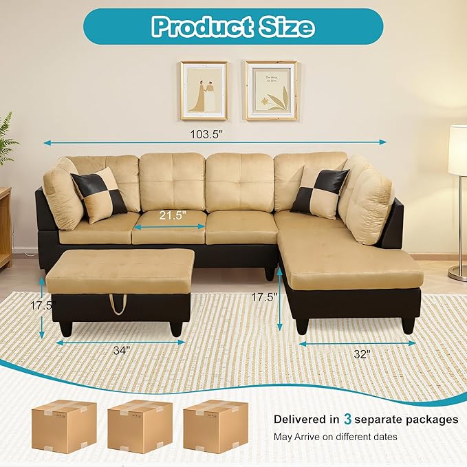 Couches for Living Room Modern L Shaped Couch Comfy Lint Fabric 3 Pieces - Image 2