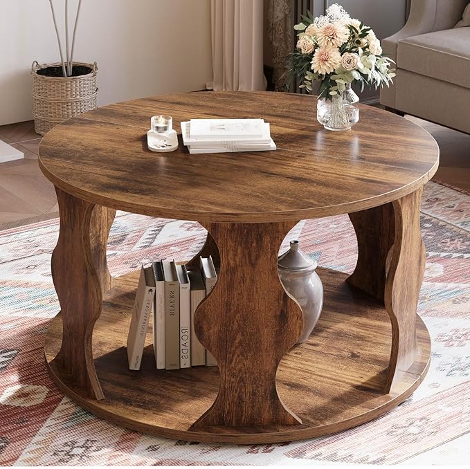 HSH Round Wood Coffee Table, Rustic Brown Circle Center Table by HOMESWEETHOME
