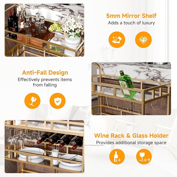 TONGMO Gold Bar Carts with 3 Tier Mirror Shelves, Home Bar Cart with Wine Rack - Image 3