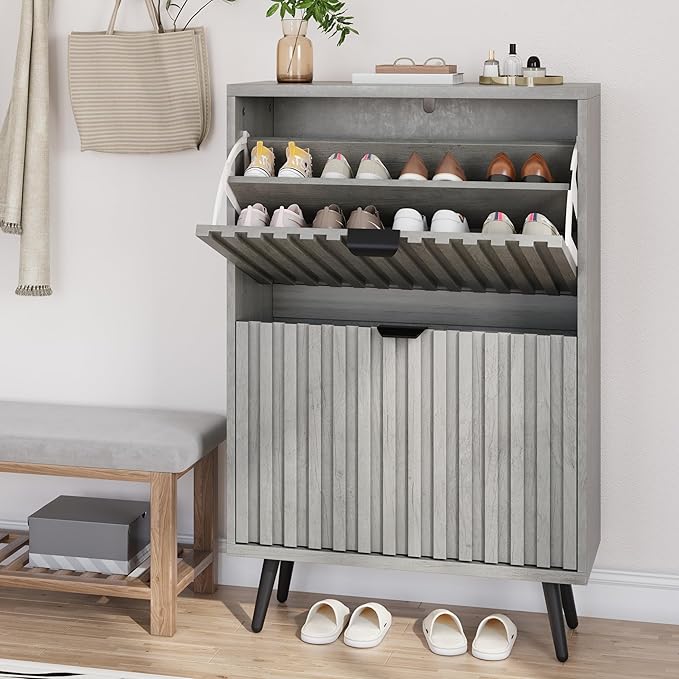 Smuxee Shoe Cabinet with 2 Flip Drawers, 23.6" Grey Hidden Shoe Storage Cabinet - Image 8