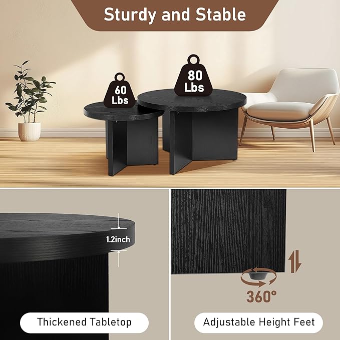 Round Nesting Coffee Tables Set of 2, Modern Stacking Table - Image 5