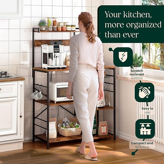 Kitchen Bakers Rack with Power Outlet & Hangers - Image 4