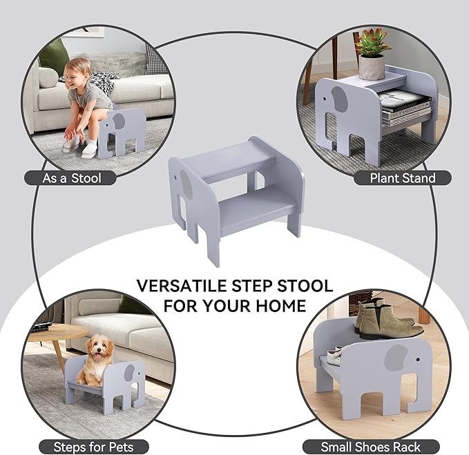 Wood Step Stools for Kids, Child Two Step Stool of Elephant Shape, Toddler Step - Image 5