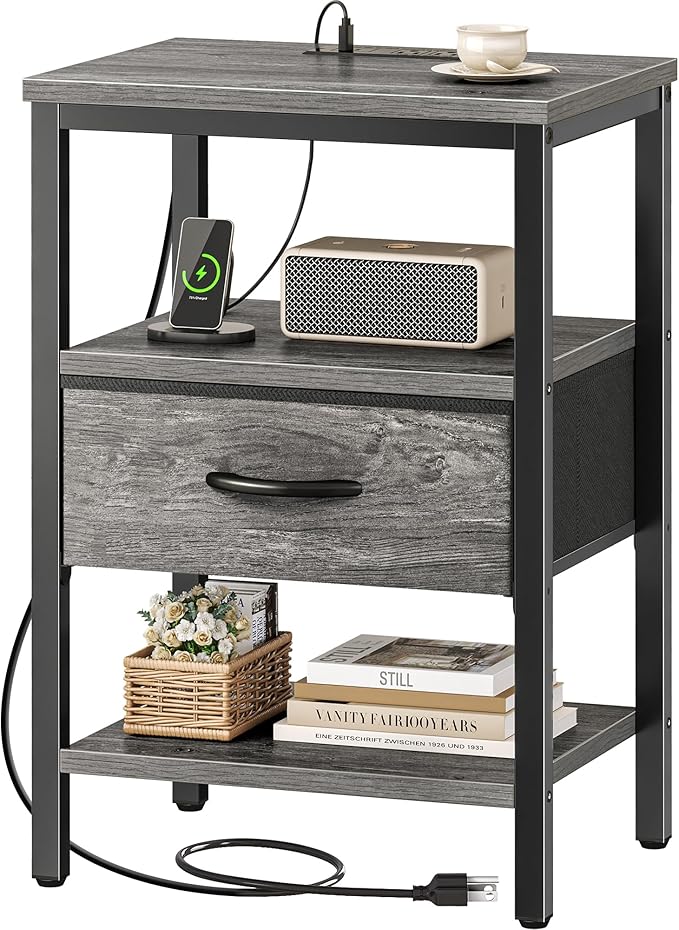 SUPERJARE Nightstand with Charging Station, Bed Side Table with Adjustable by SUPERJARE