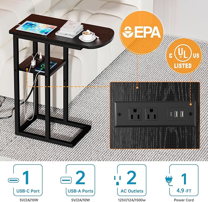 C Table End Table with Charging Station, Couch C Shaped Side Table - Image 4