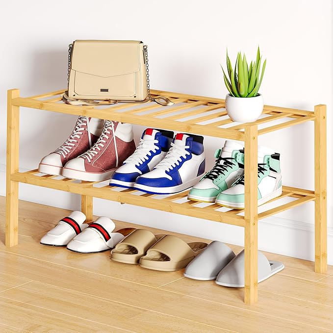 Smiry Shoe Rack, 2 Tier Bamboo Shoe Organizer, Stackable Free Standing Wooden by Smiry