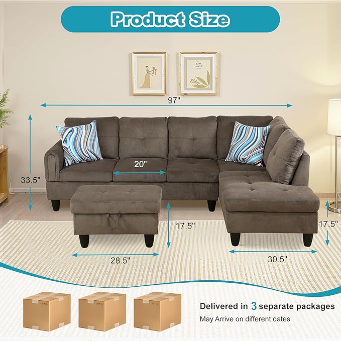 Couches for Living Room Modern L Shaped Couch Comfy Velvet Fabric 3 Pieces - Image 2