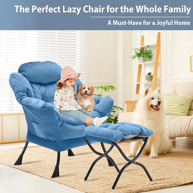 Lazy Chair with Folding Ottoman, Accent Chair Velvet Upholstered with Metal - Image 4