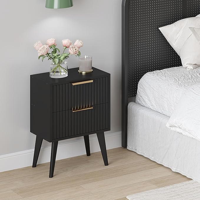 Fluted Nightstand with 2 Drawers, Modern Bedside Table with Metal Handles - Image 2
