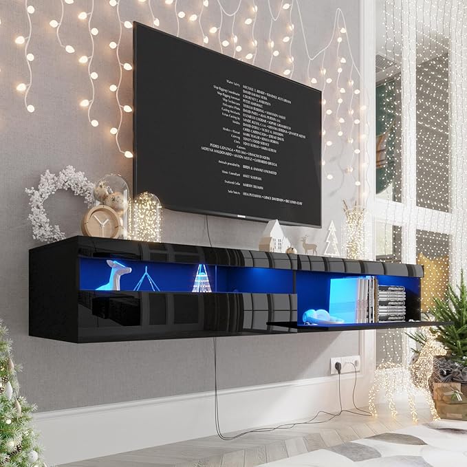 Floating TV Stand with Led Lights, 71 inch Wall Mounted TV Shelf with Power by ANTISTA-10YEARSFURNITURE