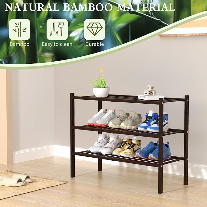 3 Tier Bamboo Shoe Rack for Closet Free Standing Wood Shoe Shelf for Entryway - Image 6