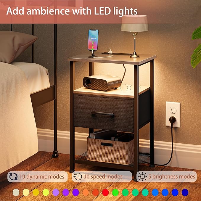 Nightstands Set of 2 with Charging Station and Drawer, End Table Bedside Table - Image 4