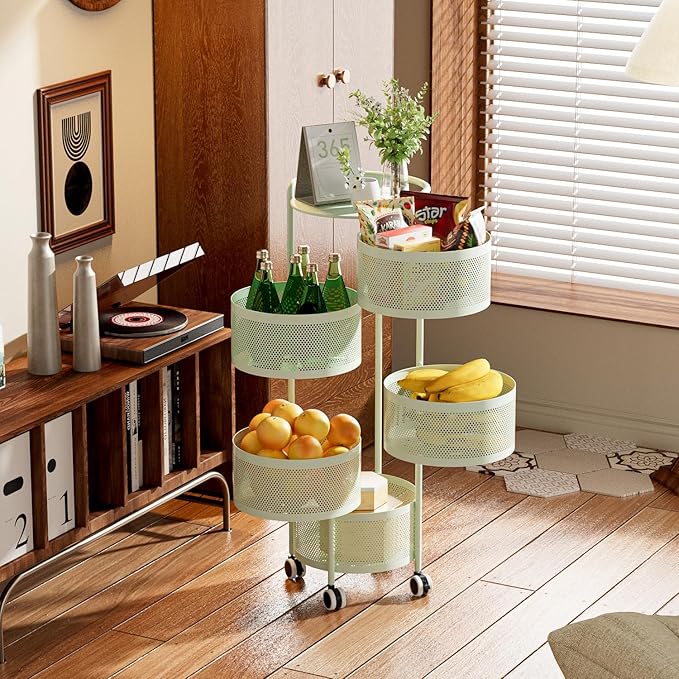 JAQ Rotating Fruit Basket, 5-Tier Metal Sturdy Kitchen Storage Rack Shelf Carts - Image 3