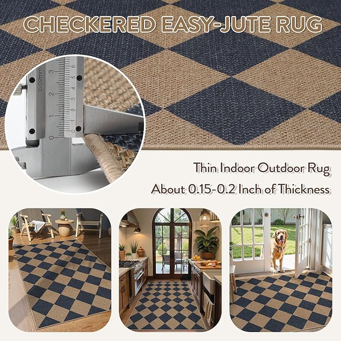 Lahome Checkered Easy Jute Entryway Rug, 3x5 Washable Area Rugs - Image 2