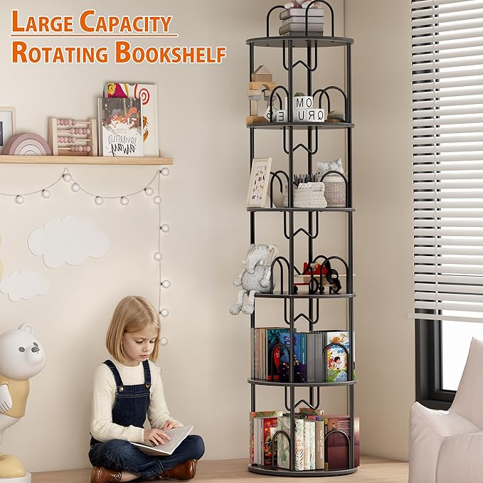 5 Tier Rotating Bookshelf, 360° Spinning Bookshelf Tower, Round Narrow Space - Image 4