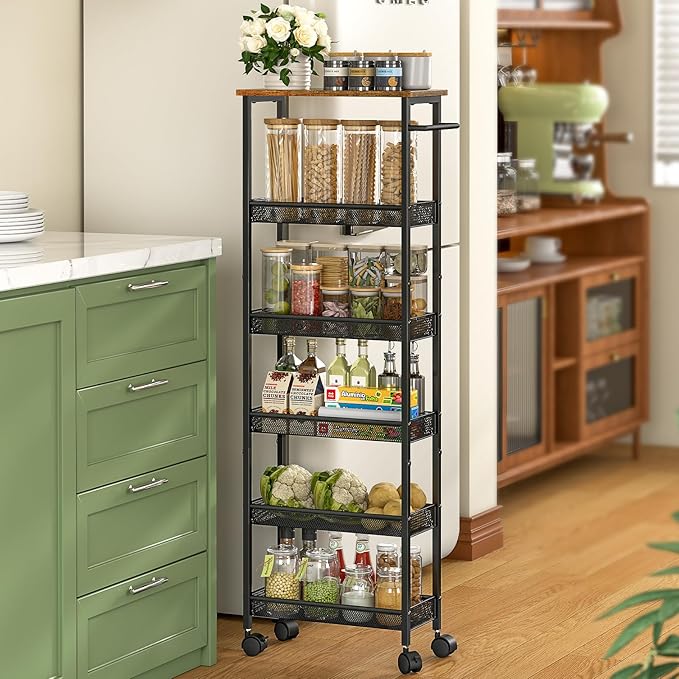 6 Tier Slim Storage Cart with Handle, Rolling Kitchen Laundry Room Storage Cart - Image 3