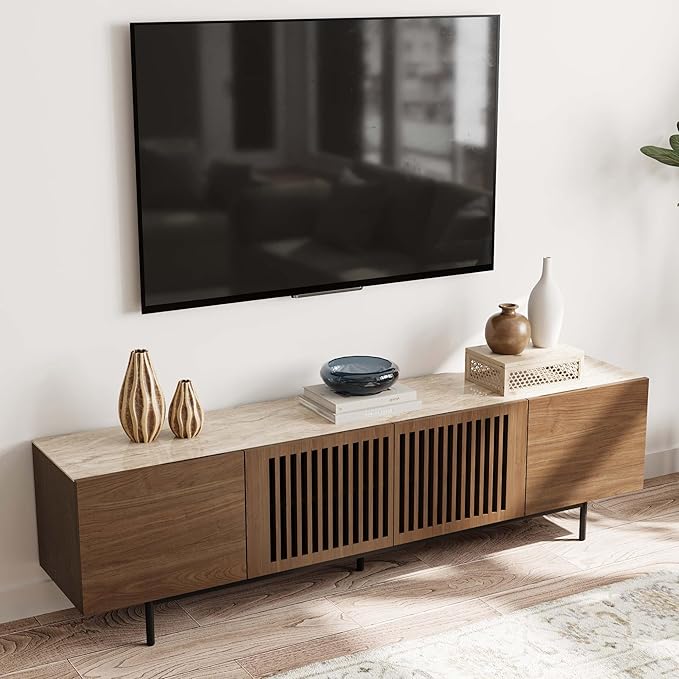 POVISON Mid Century Modern Sintered Stone TV Stand, Slatted Media Console TV by POVISON