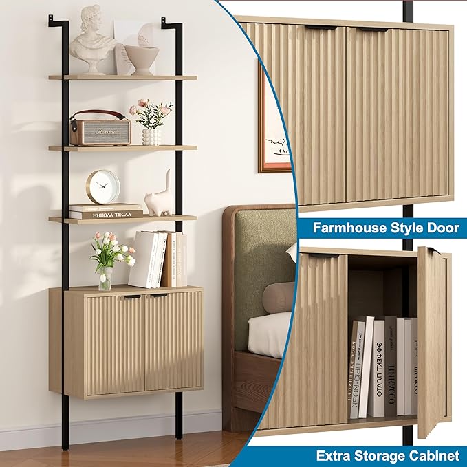 Yusong 73" Tall Bookshelf with Cabinet, Industrial Ladder Wall Mount Shelf - Image 6