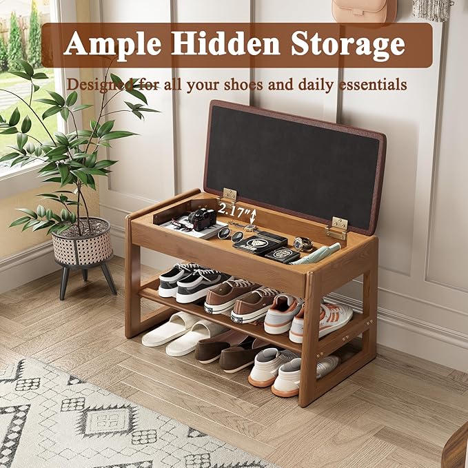 Shoe Rack Bench Seat Rubberwood 2-Tier Wooden Storage Bench 550lbs Compact - Image 3
