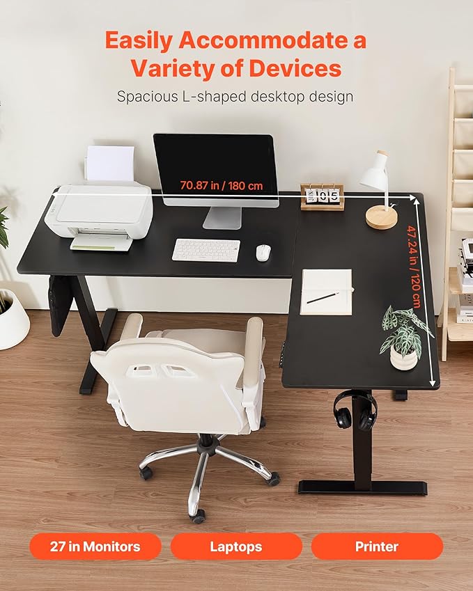VEVOR L Shaped Standing Desk 71 x 47 inch, 3 Memory Height Adjustable, Electric - Image 5