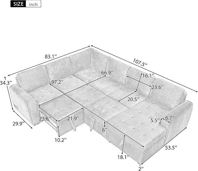 107.5" Corduroy U Shaped Sofa, Sectional Sleeper Couch Pull Out Bed - Image 2