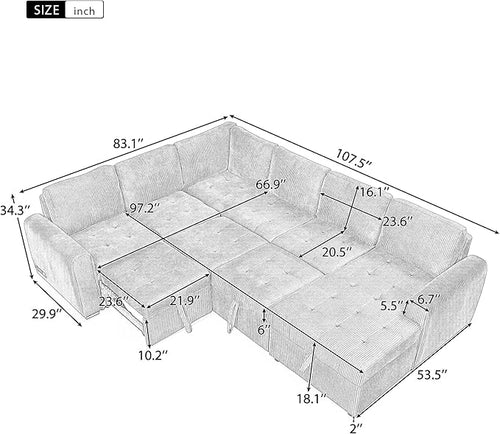 107.5" Corduroy U Shaped Sofa, Sectional Sleeper Couch Pull Out Bed - Image 2