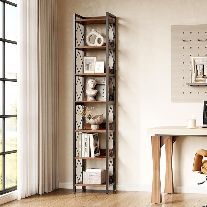 LITTLE TREE Corner Book Shelf, 78.7" Tall Narrow Bookcase, 7-Tier Skinny Wooden - Image 2