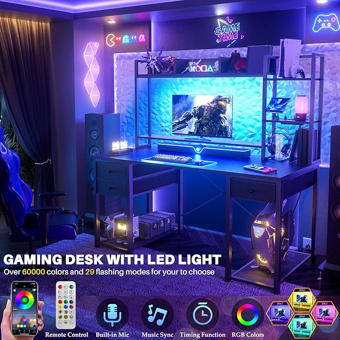 Aheaplus LED Gaming Desk with Hutch, 47.2'' Computer Workstation - Image 7