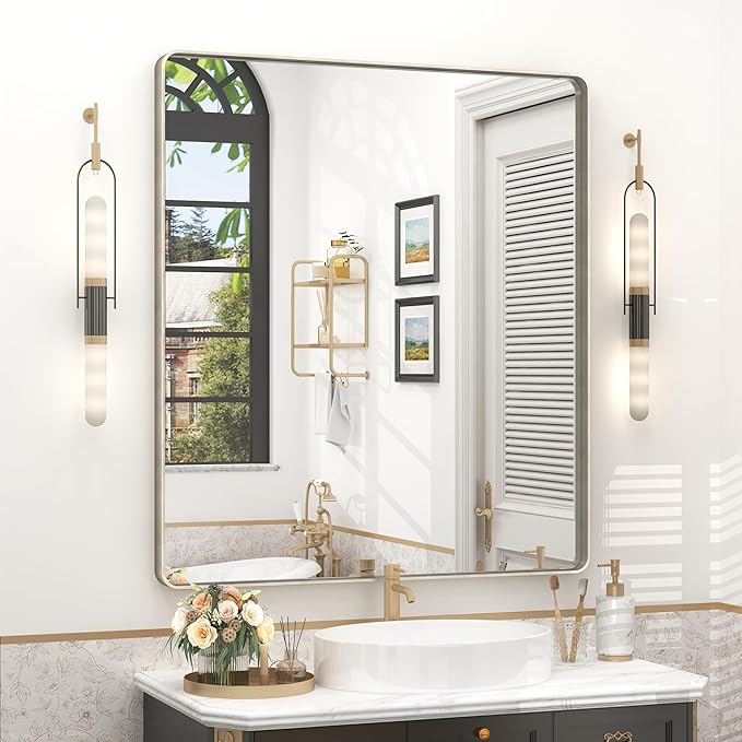 32x36 Inch Brushed Nickel Bathroom Mirror, Brushed Silver Metal Framed Wall by VANLIOBathroomMirror